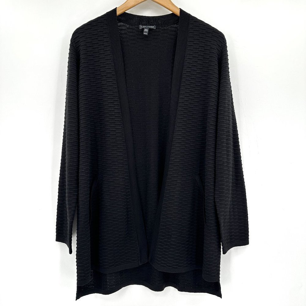 Eileen Fisher Silk Black Ribbed Longline Open Knit Medium Cardigan Long Sweater